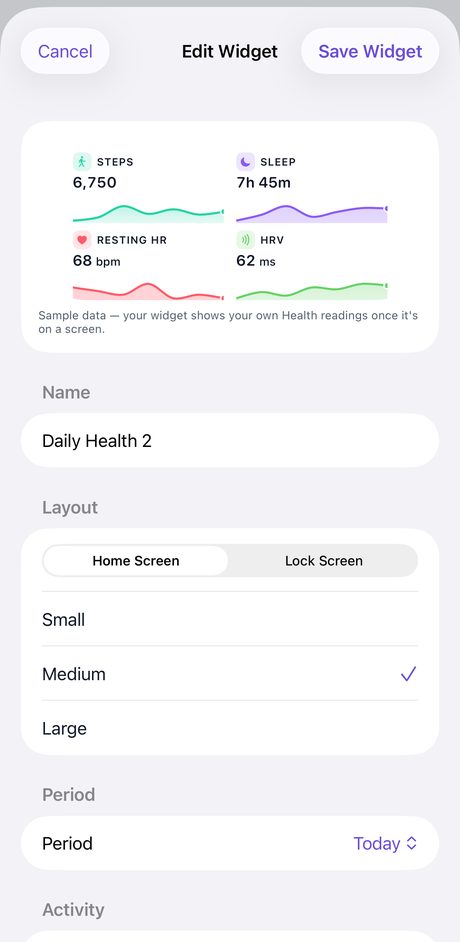 The GlanceVitals widget editor on iPhone, combining steps, sleep, resting heart rate and HRV into one medium Home Screen widget.