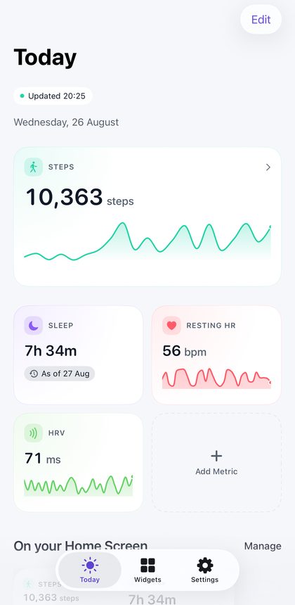 The GlanceVitals Apple Health dashboard on iPhone, showing today's steps, sleep, resting heart rate and HRV with trend lines and a last-updated time.