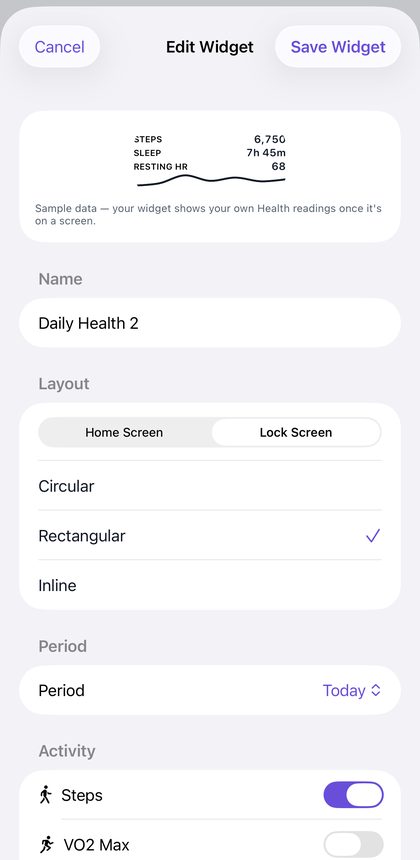 Configuring a GlanceVitals Lock Screen health widget on iPhone, choosing between circular, rectangular and inline layouts.
