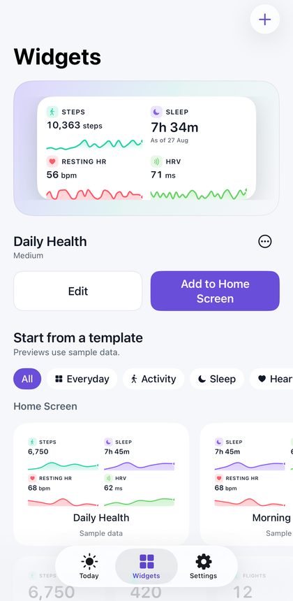 The GlanceVitals widget gallery on iPhone, showing a saved multi-metric widget and ready-made templates for activity, sleep and heart.