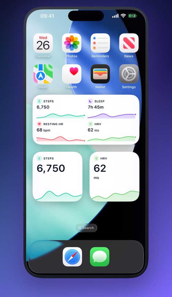 An iPhone Home Screen with a GlanceVitals Apple Health widget showing steps, sleep, resting heart rate and HRV together, beside a step counter widget and an HRV widget.